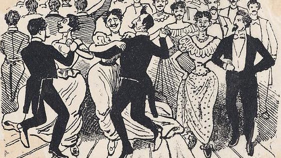 A dance with men in dresses paired with men in suits on November 20, 1901, known as the “The Dance of the 41." (Credit: The Metropolitan Museum of Art)