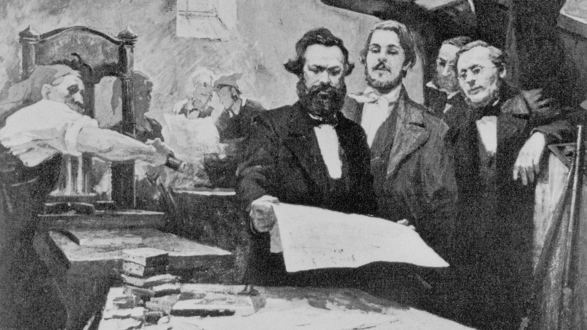 Friedrich Engels and Karl Marx During Press Operations(Original Caption) Karl Marx, (1818-1883) and Friedrich Engles (1820-1895), in pressrooms of Rheinische Zeitung which they jointly edited. Undated screened illustration.