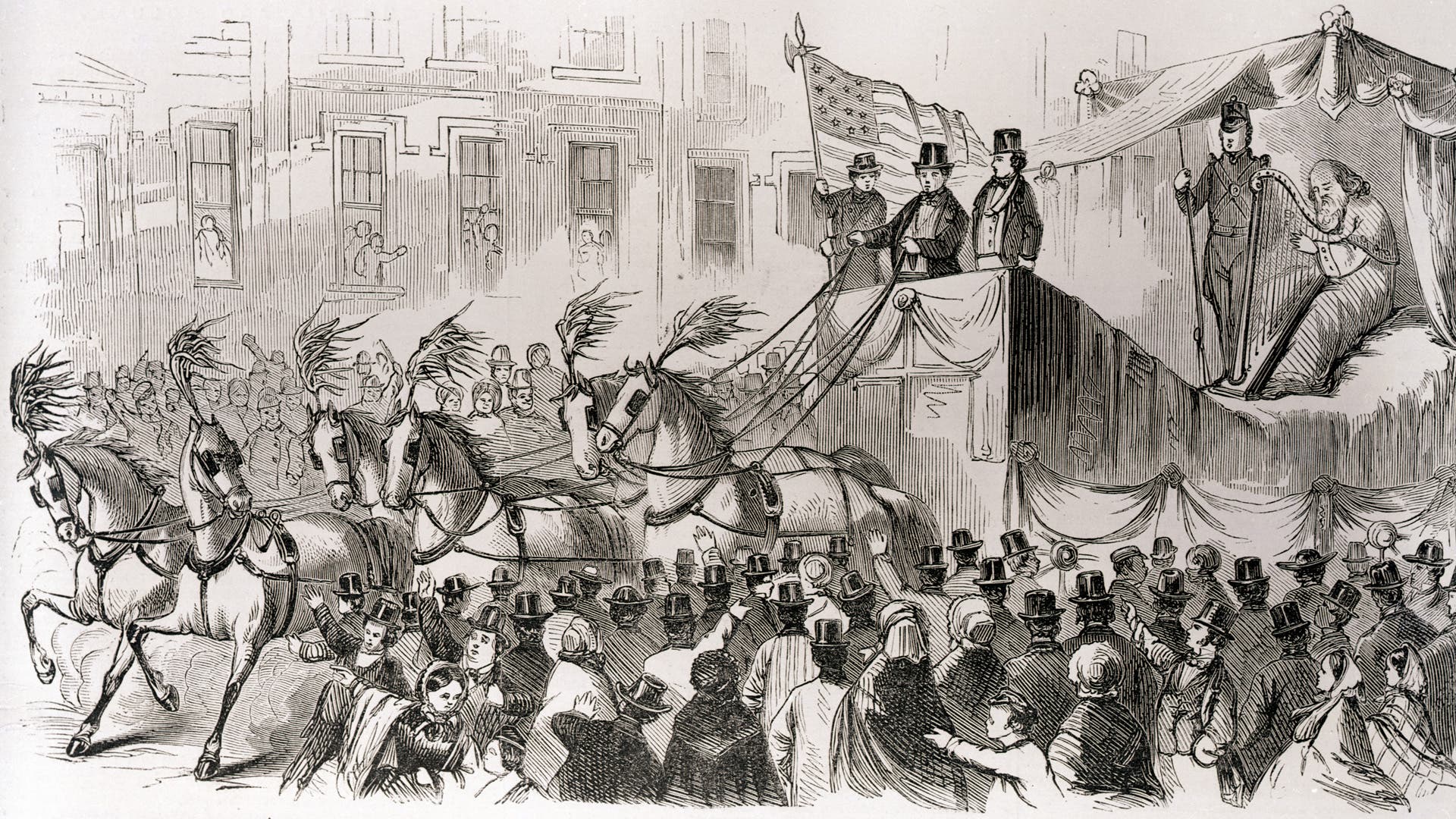 (Original Caption) Woodcut depicting the Anniversary of St. Patrick's Day in New York, Saturday, March 17, 1860. The triumphal car of the Burd of Erin, military companies, civic authorities, friendly societies, etc. are all shown. Undated illustration.