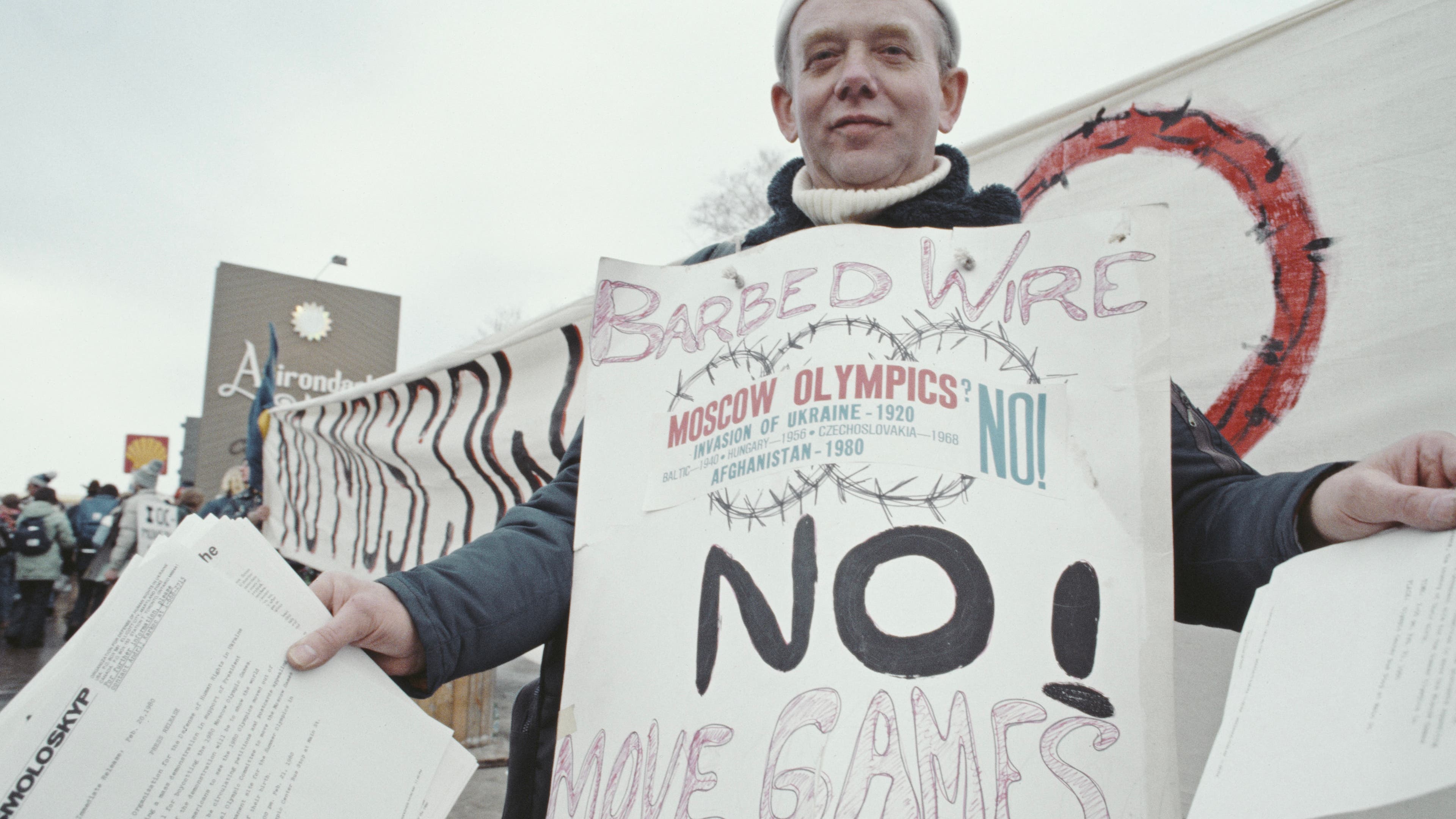 A protester against the Moscow summer Olympics, on February 14, 1980 in Lake Placid, New York.