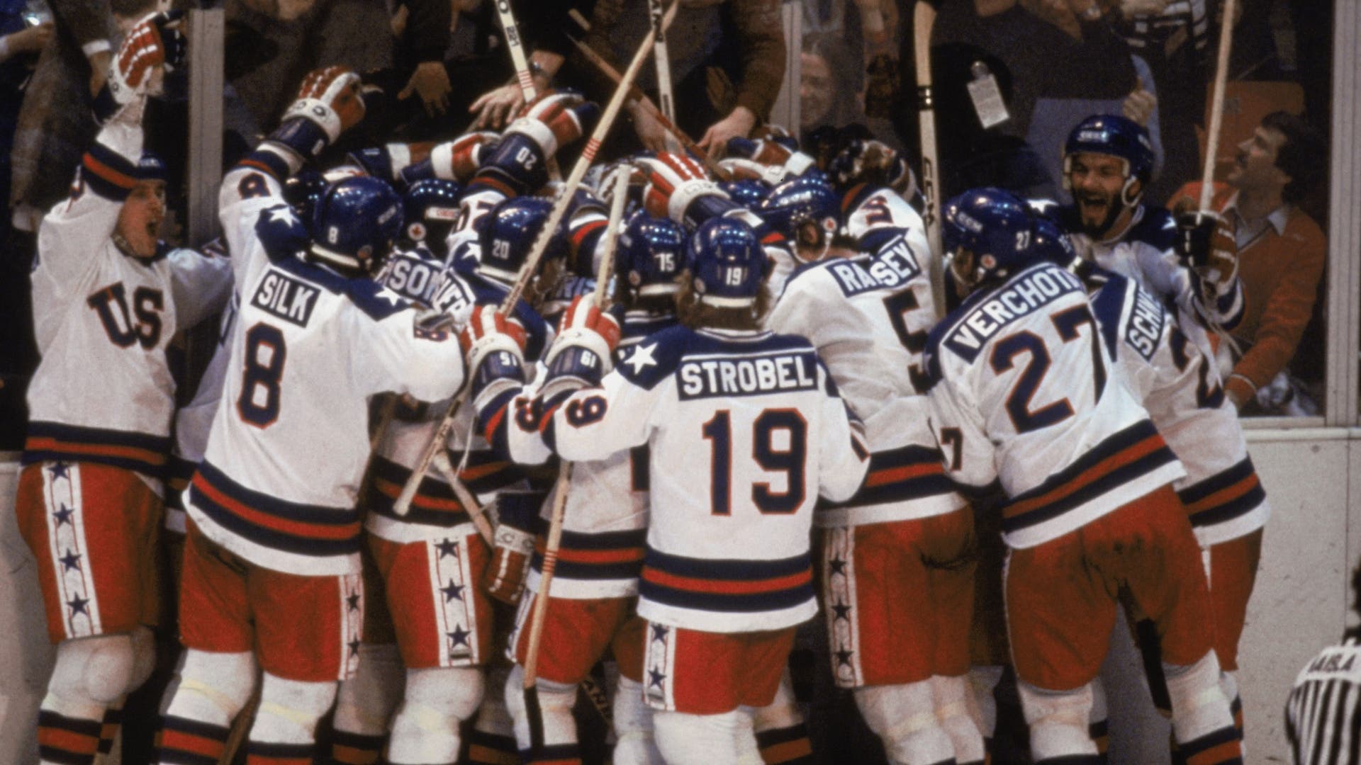 Team USA celebrates its shocking upset of the Soviet Union at the 1980 Winter Olympics.