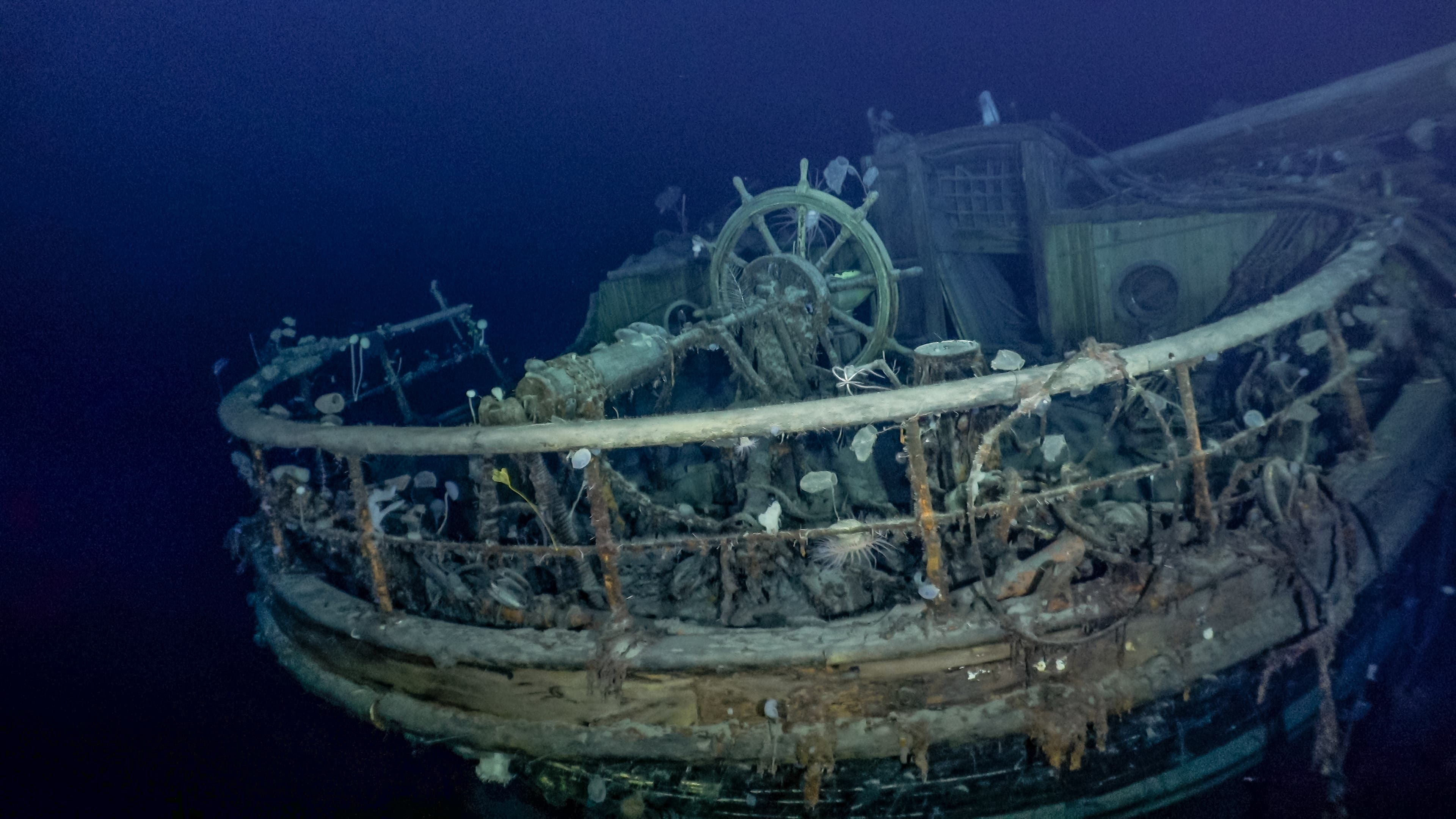 The wreck of Shackleton’s Endurance, with the wheel visible.