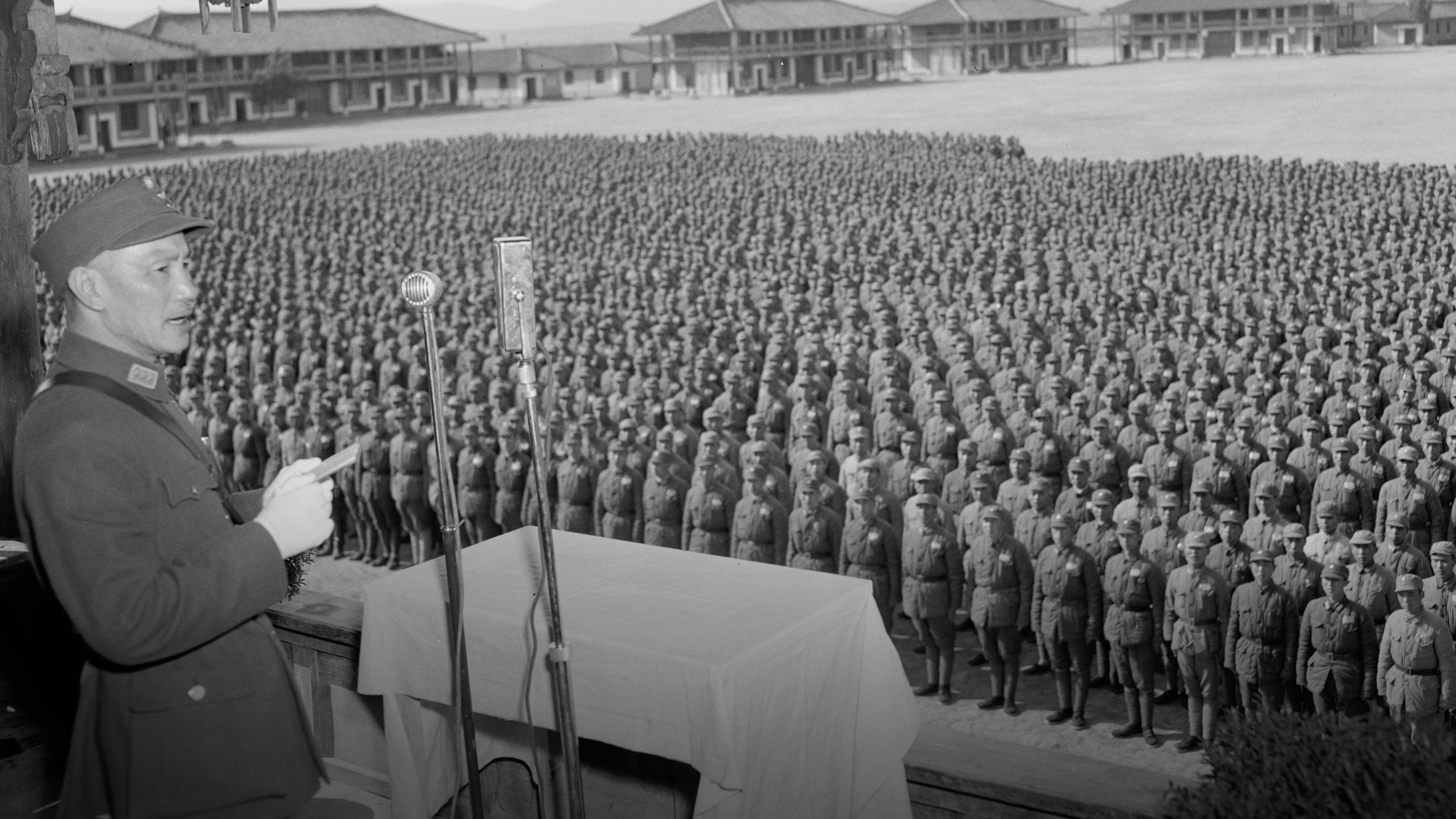 General Chiang Kai-shek addresses the troops in China during World War II, circa 1943.