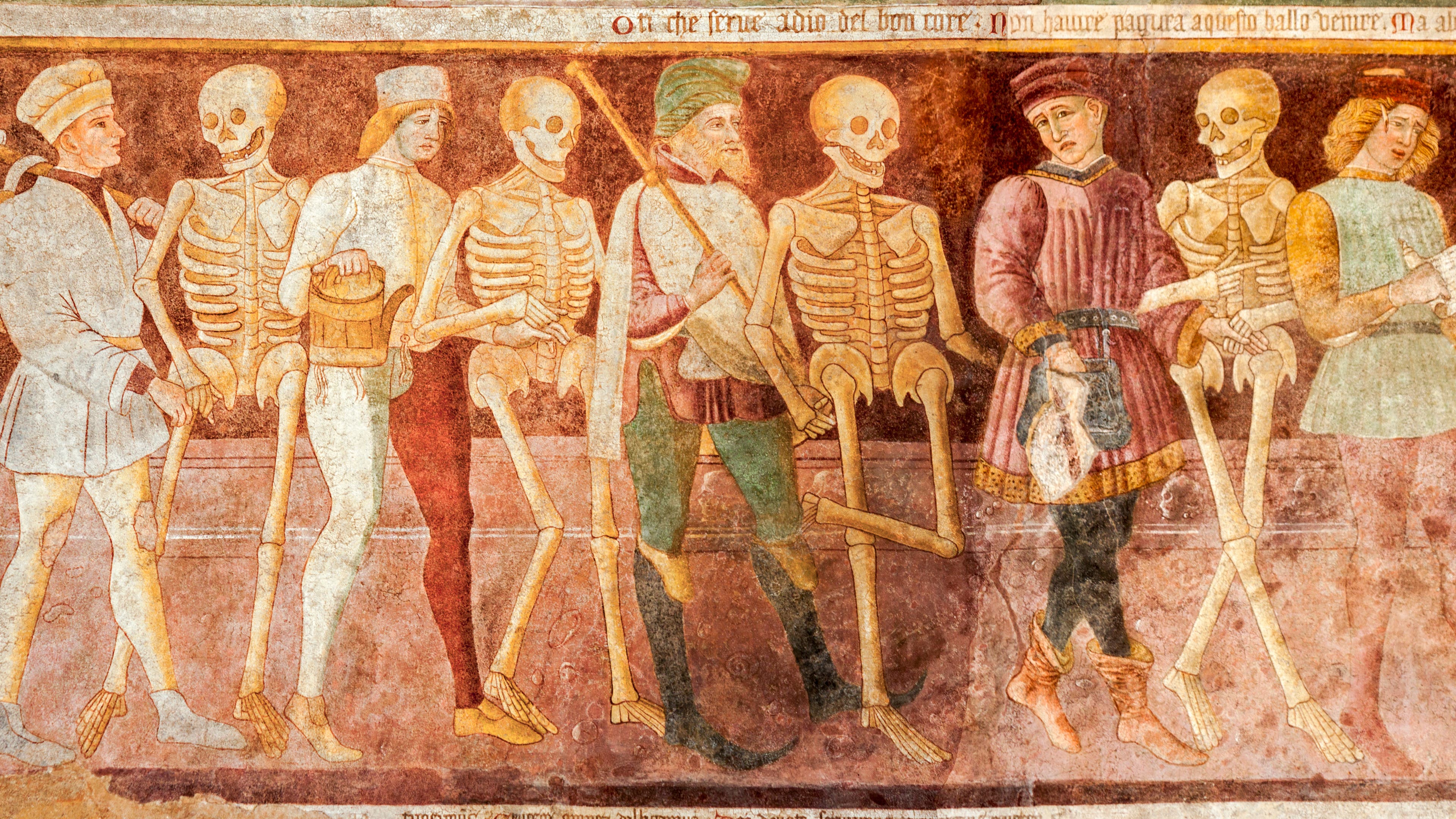 An ancient fresco of the Danza Macabra (Dance of the Death) and Trionfo della Morte (Triumph of the Death)