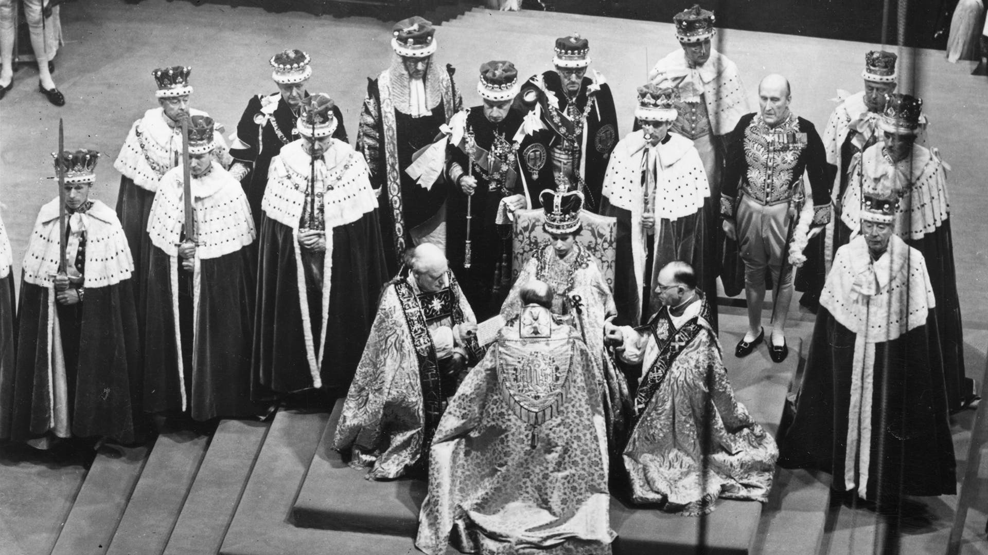 Queen Elizabeth II seated on a throne in Westminster Abbey during her coronation on June 2, 1953.