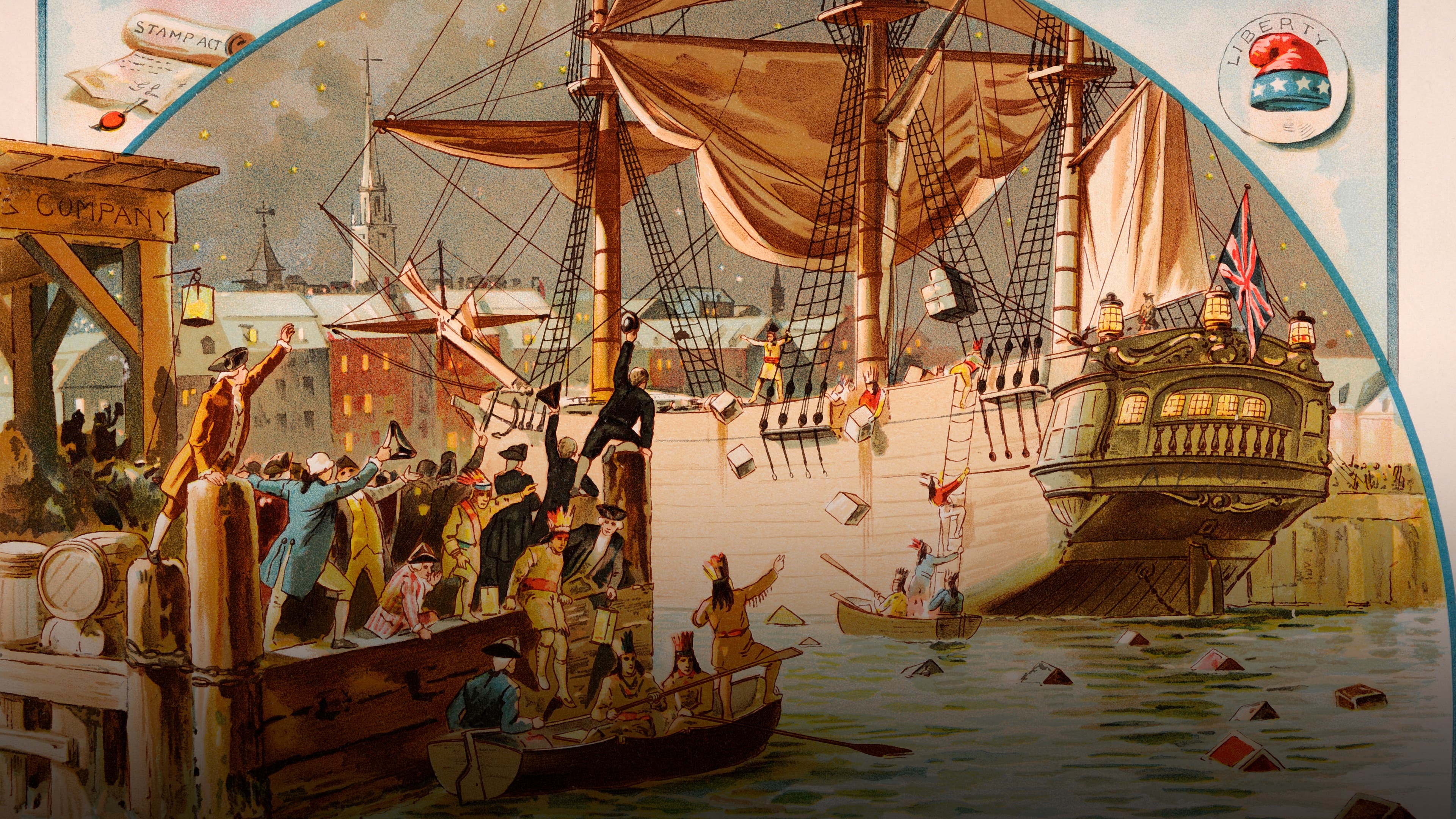 The Boston Tea Party when American colonists threw British tea into Boston Harbor in protest against an exorbitant tax on the product (Photo by Popperfoto via Getty Images/Getty Image)