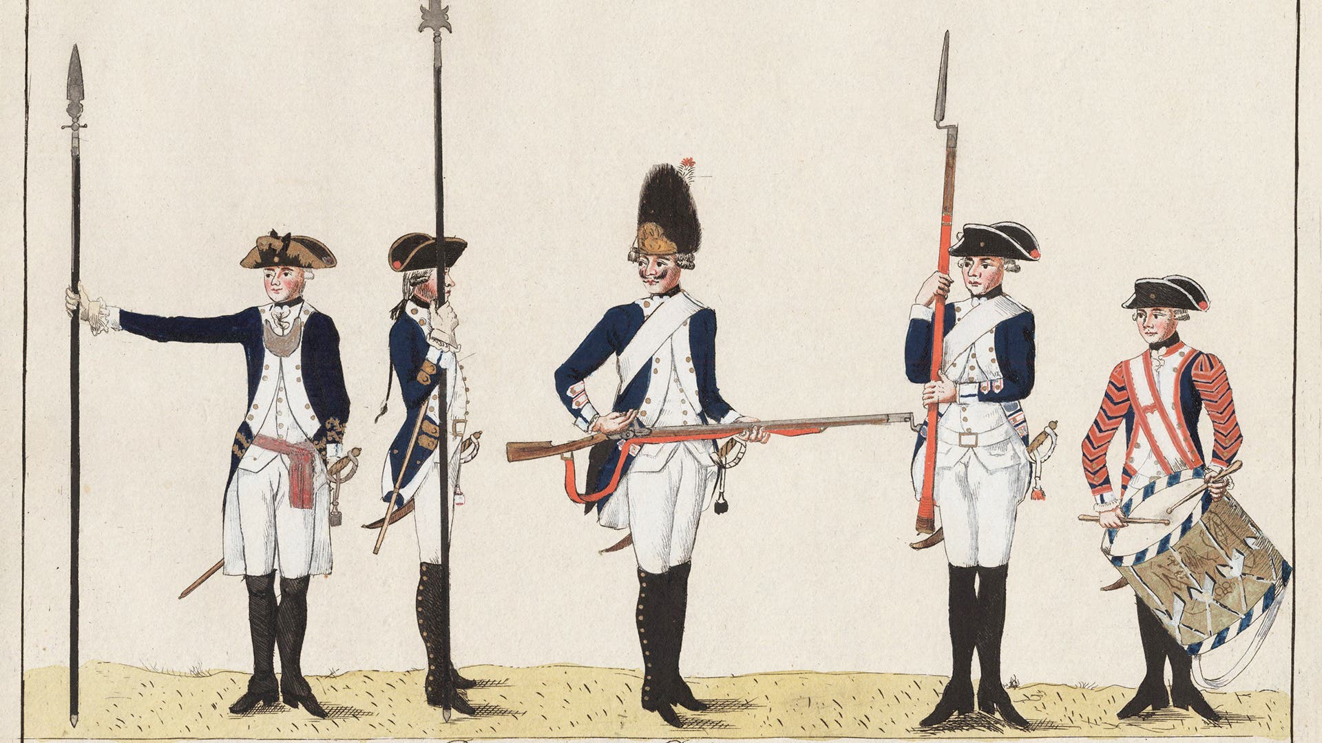 Illustrated bookplate of Hessian soldiers in their 1784 uniforms. Printed in the book, "Armée Hessoise" by JH Carl & JC Muller in 1805. Artist J.H. Carl, 1784.