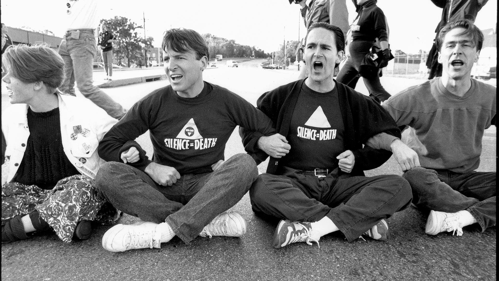 AIDS activist group ACT UP (AIDS Coalition to Unleash Power) protest at the headquarters of the Food and Drug Administration on October 11, 1988 in Rockville, Maryland.