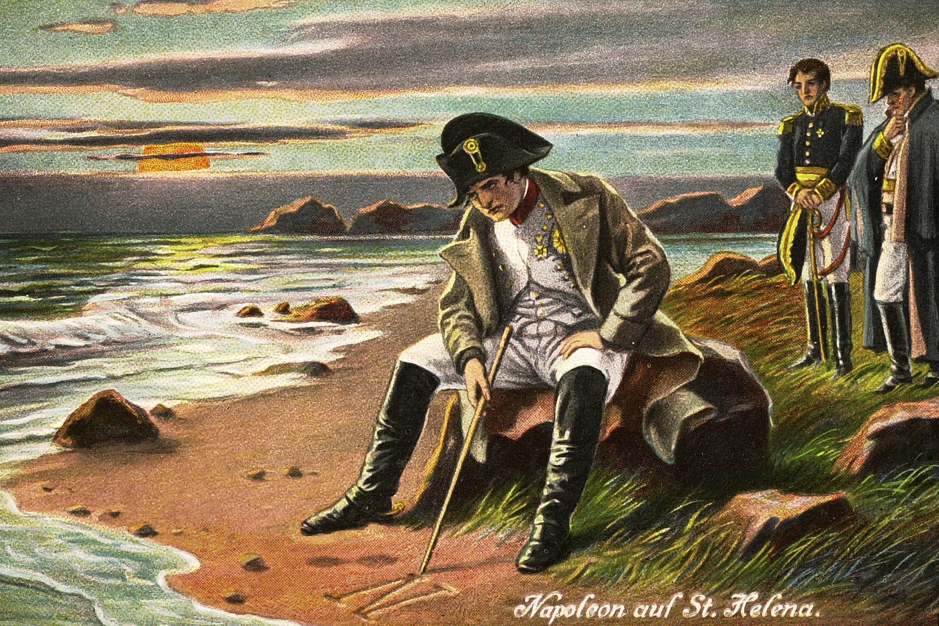 Napoleon Bonaparte depicted in exile on the island of Saint Helena, as he traces the letter "N" in the sand, 1815.