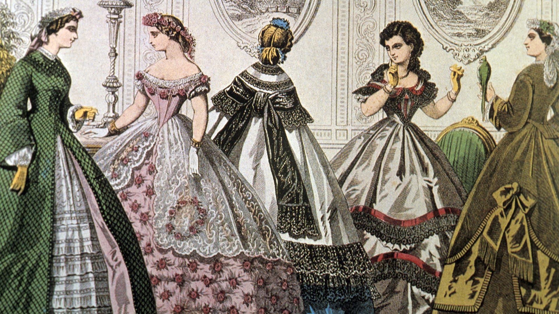 Crinolines from 1850. Artist Unknown.