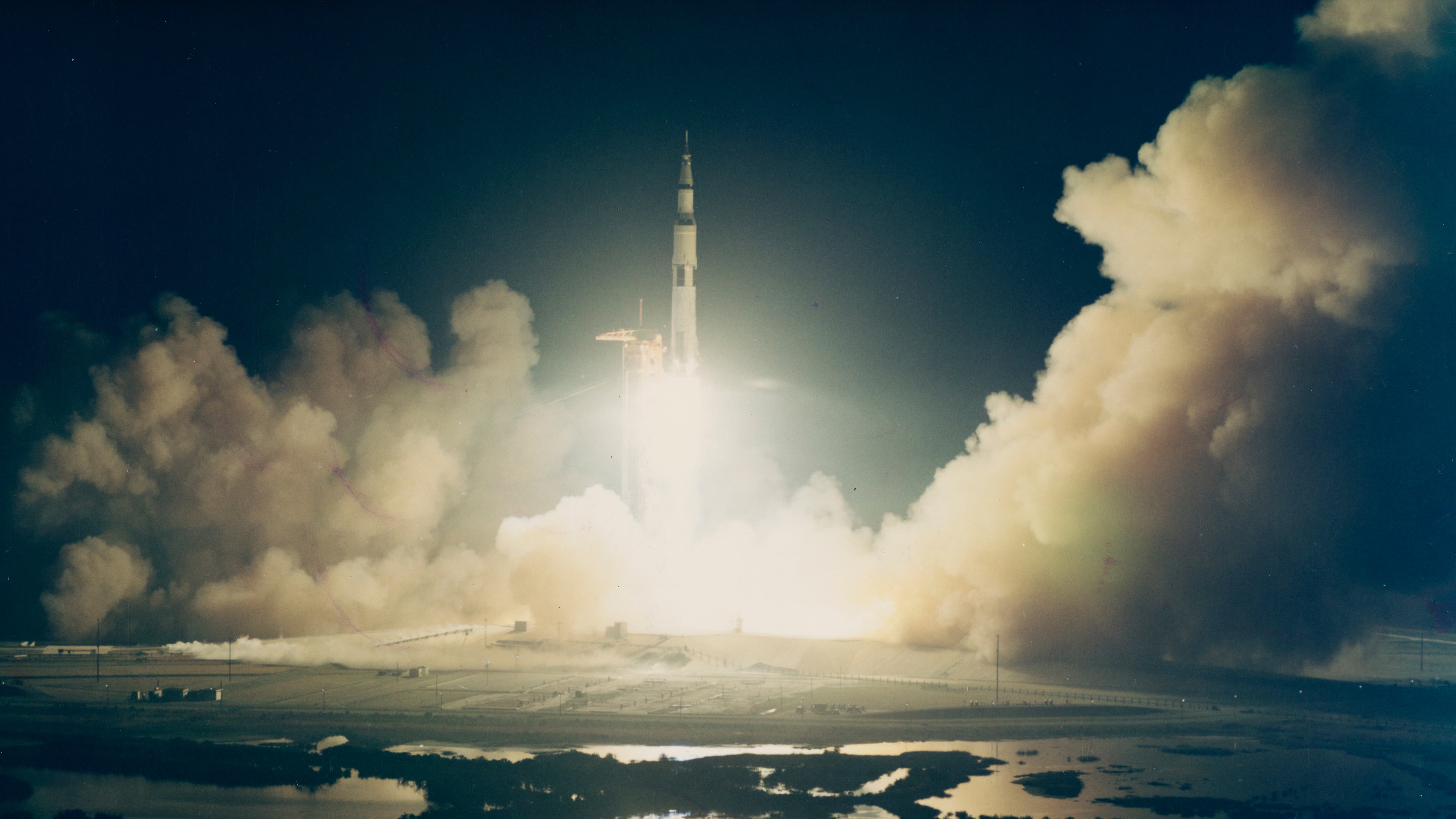 The launch of NASA's Apollo 17 spacecraft from Pad A, Launch Complex 39 of the Kennedy Space Center in Florida, 7th December 1972.