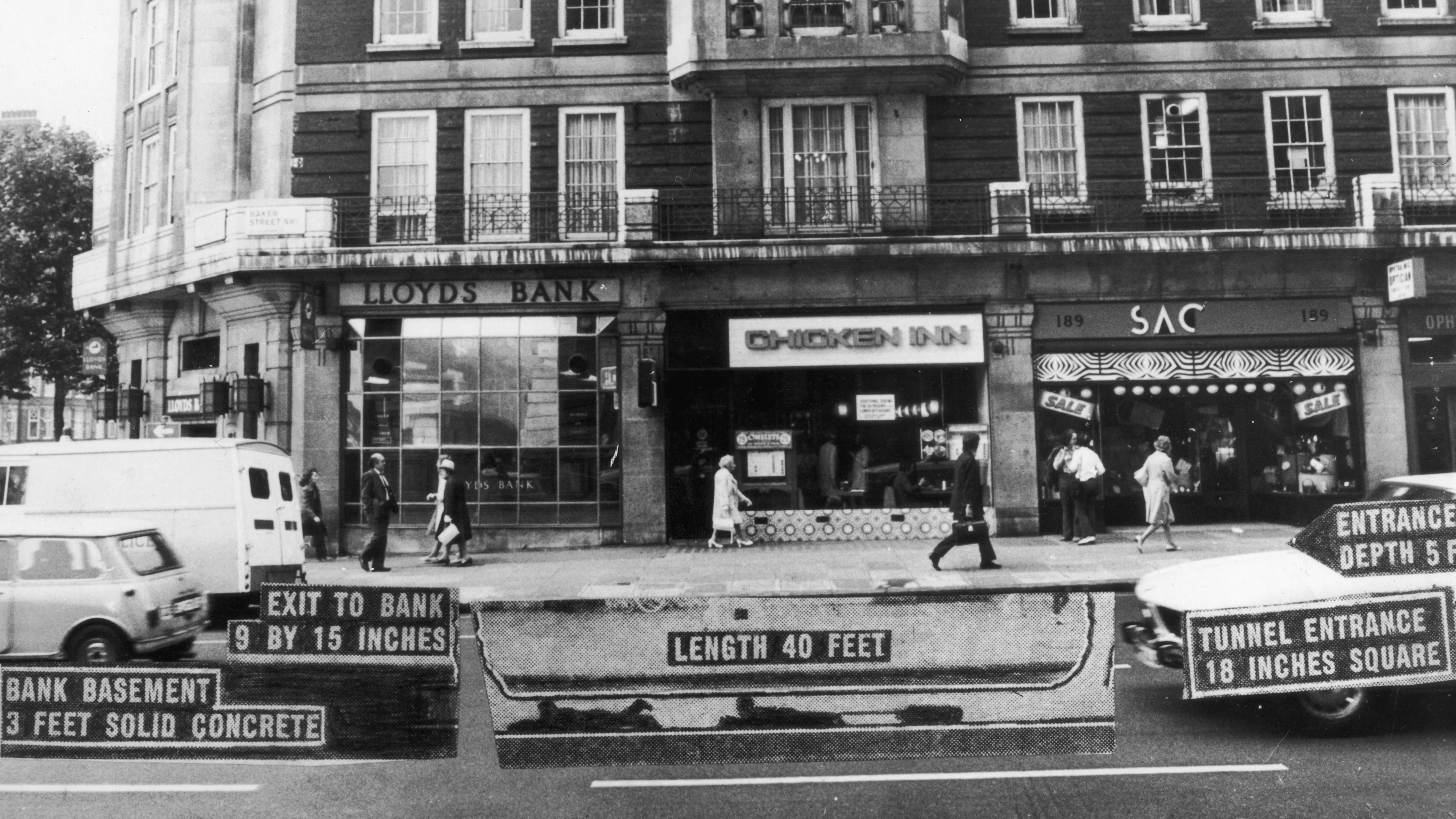 September 1971: An annotated photograph showing how bank robbers tunneled into the Baker Street branch of Lloyd's Bank in London from an empty shop two doors away. The gang raided 250 safety deposit boxes in the strong room of the bank and escaped with an estimated 3 million British pounds (around 7 million U.S. dollars at the time and $51 million today).