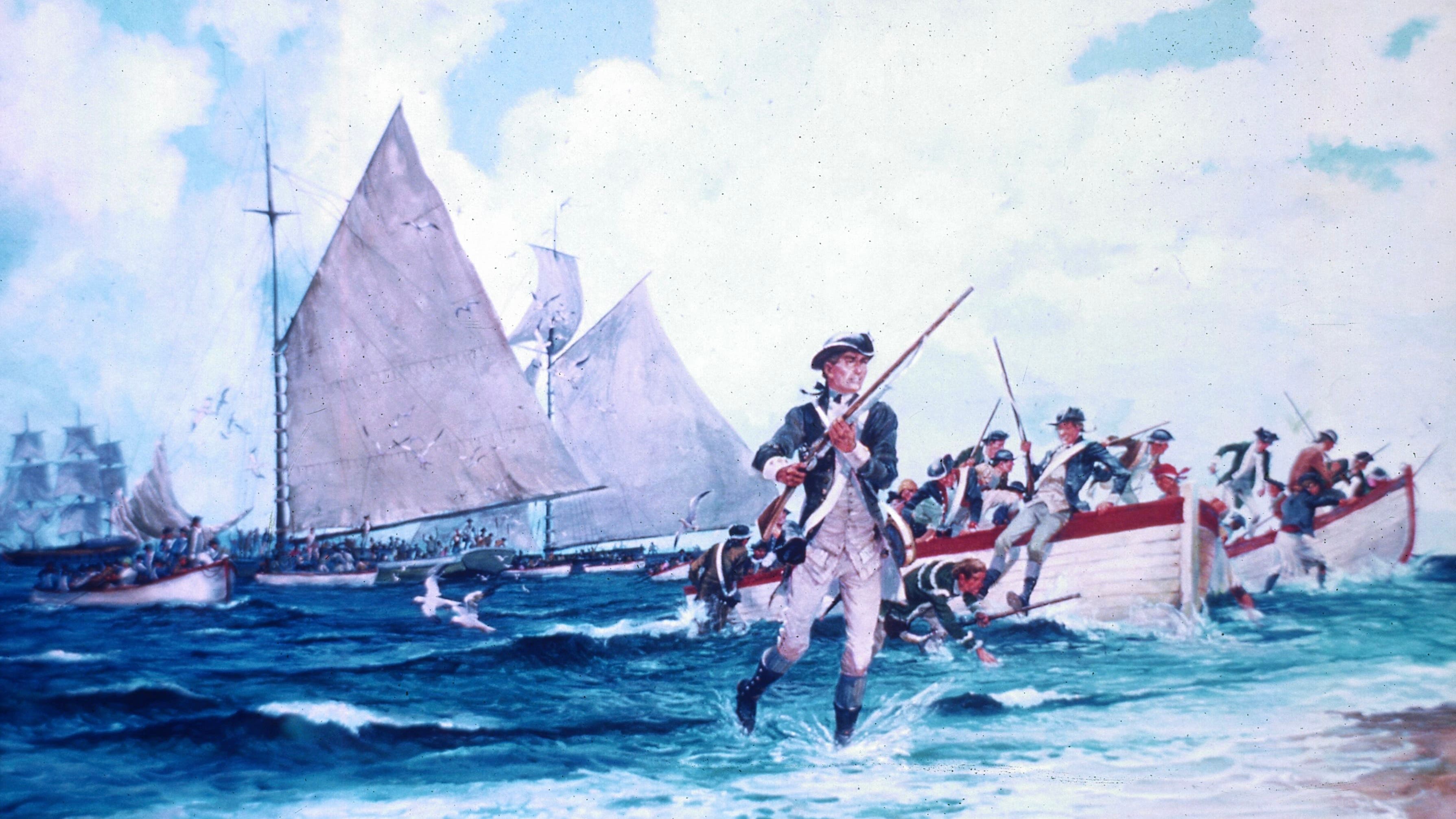 Watercolor painting of an American revolutionary soldier with a long rifle at the edge of the sea with several sailboats and dingys behind him, all part of a landing party