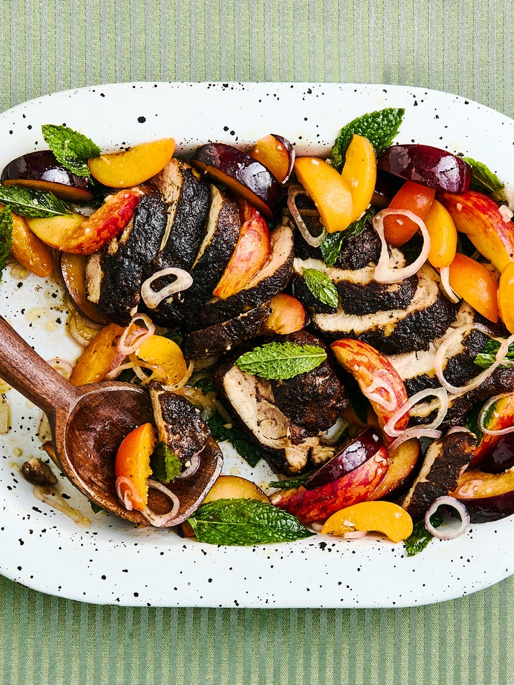 Cocoa-Blackened Chicken Thighs With Stone Fruit