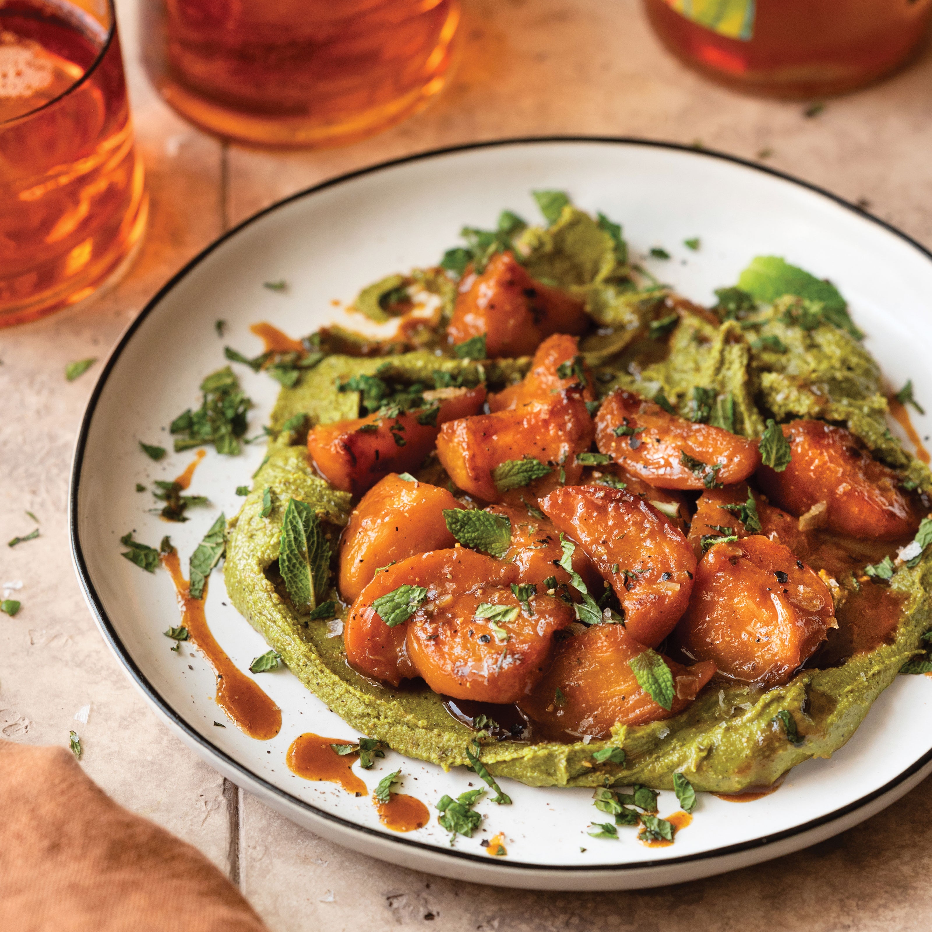 Glazed Torn Beets With Pistachio Butter and Mint