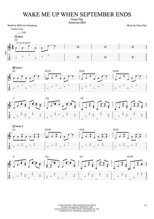 Wake Me Up When September Ends Green Day guitar pro tab AGuitar Full Score mysongbook