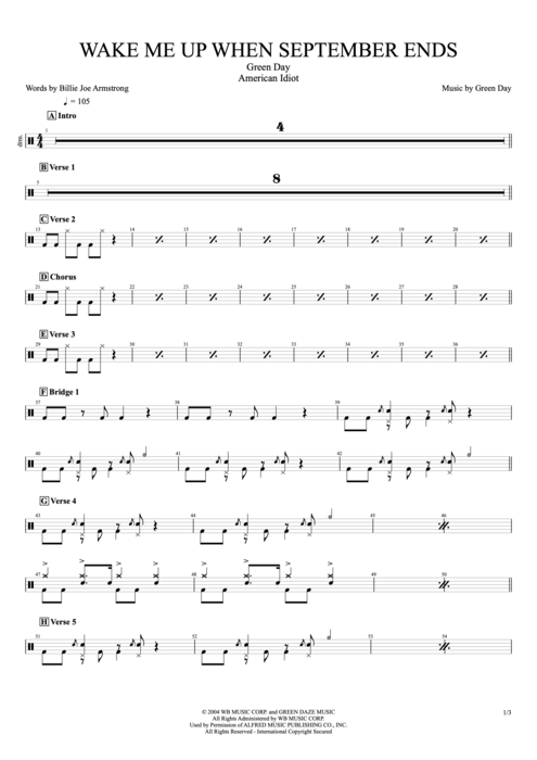 Wake Me Up When September Ends Green Day guitar pro tab Drums Full Score mysongbook