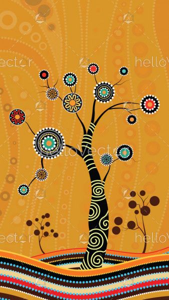 Tree on the hill, Aboriginal tree, Aboriginal art vector painting with tree.