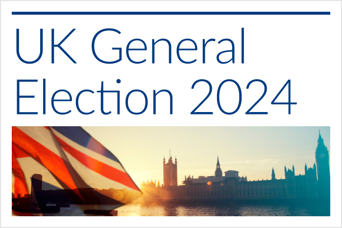 Promo that reads UK General Election 2024  with a photo of a Union Jack flying in front of Parliament.