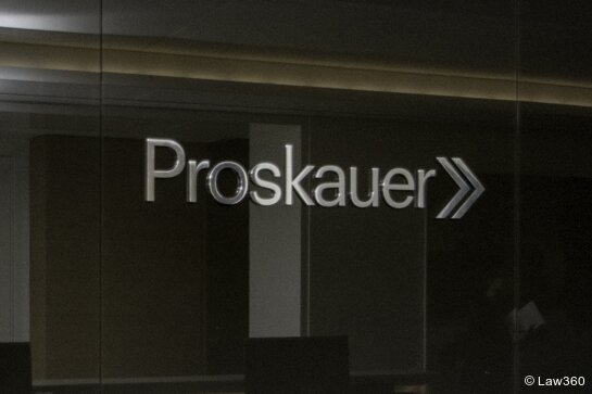 Proskauer wordmark on glass