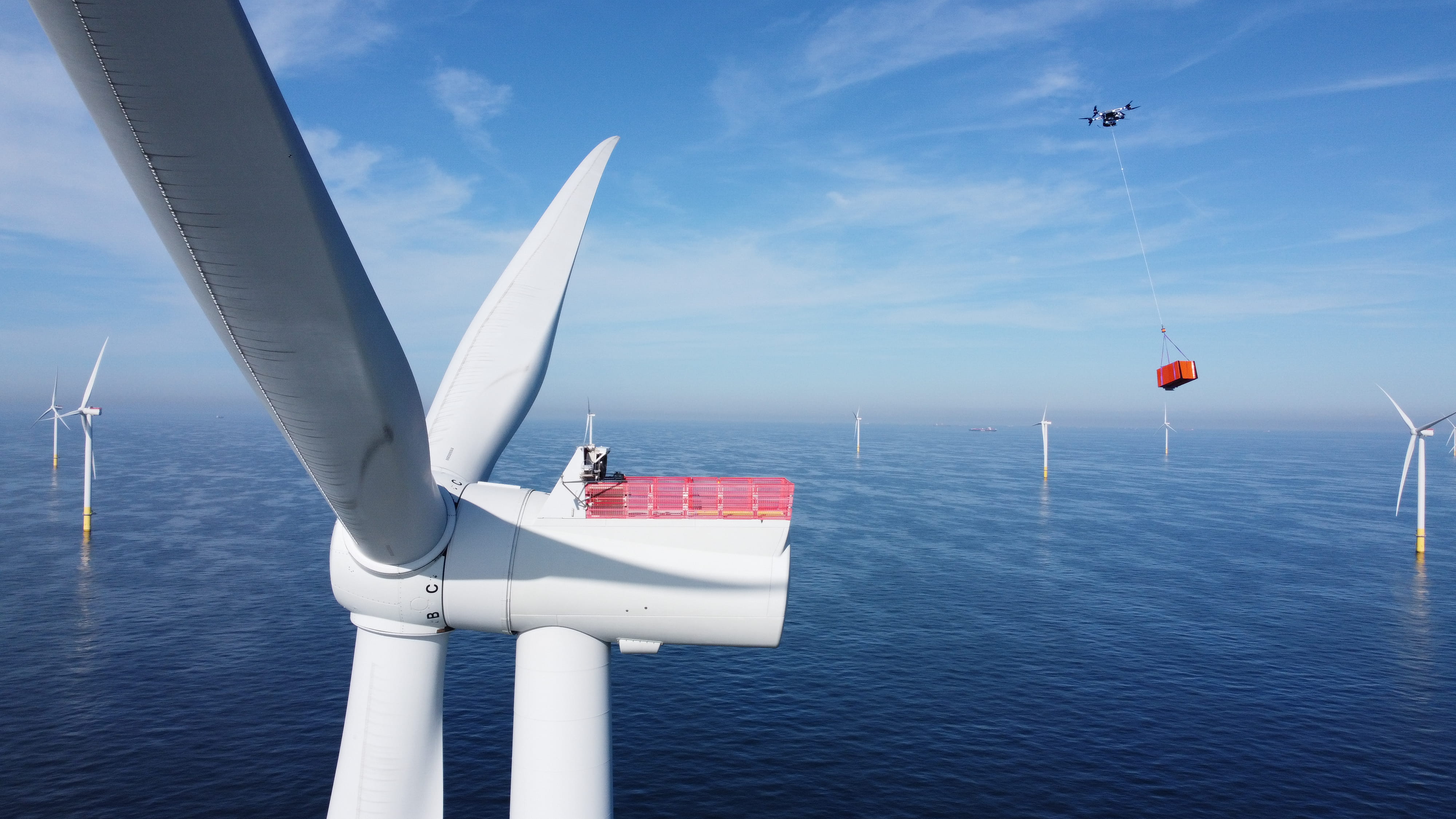 Heavy lift cargo drone carrying critical supplies to turbines at the Borssele 1&2 Offshore Wind Farm