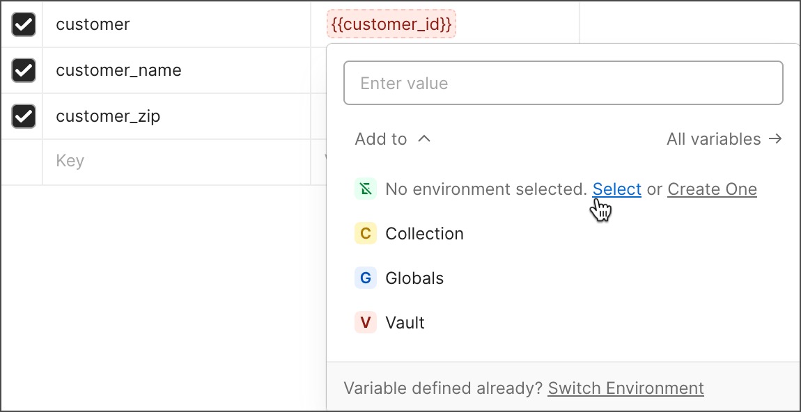 Choose or create an environment for unresolved variables