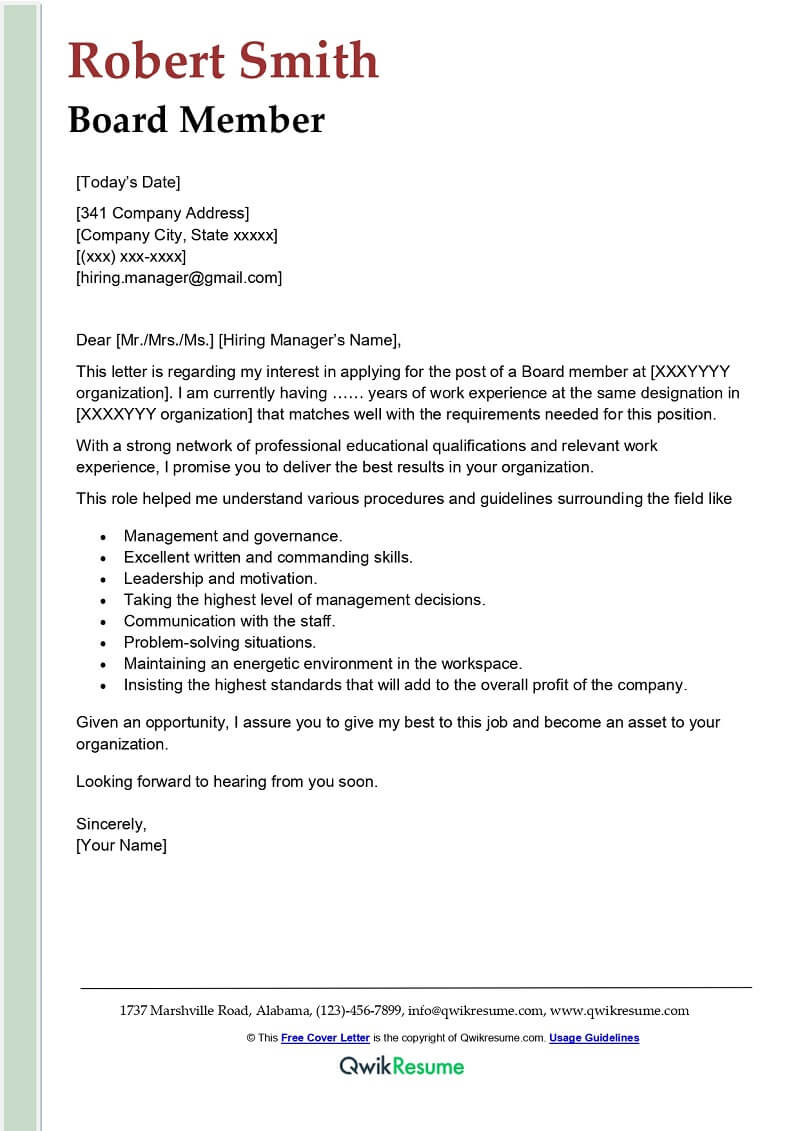 Board Member Cover Letter example