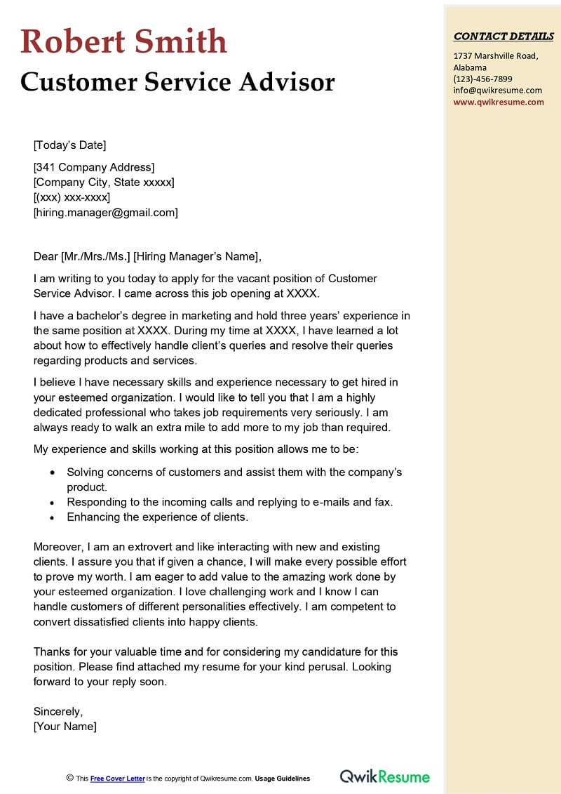 Customer Service Advisor Cover Letter Example