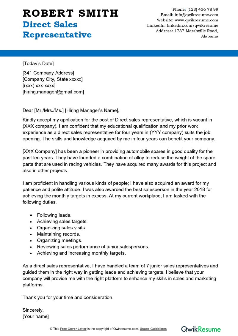 Direct Sales Representative Cover Letter example