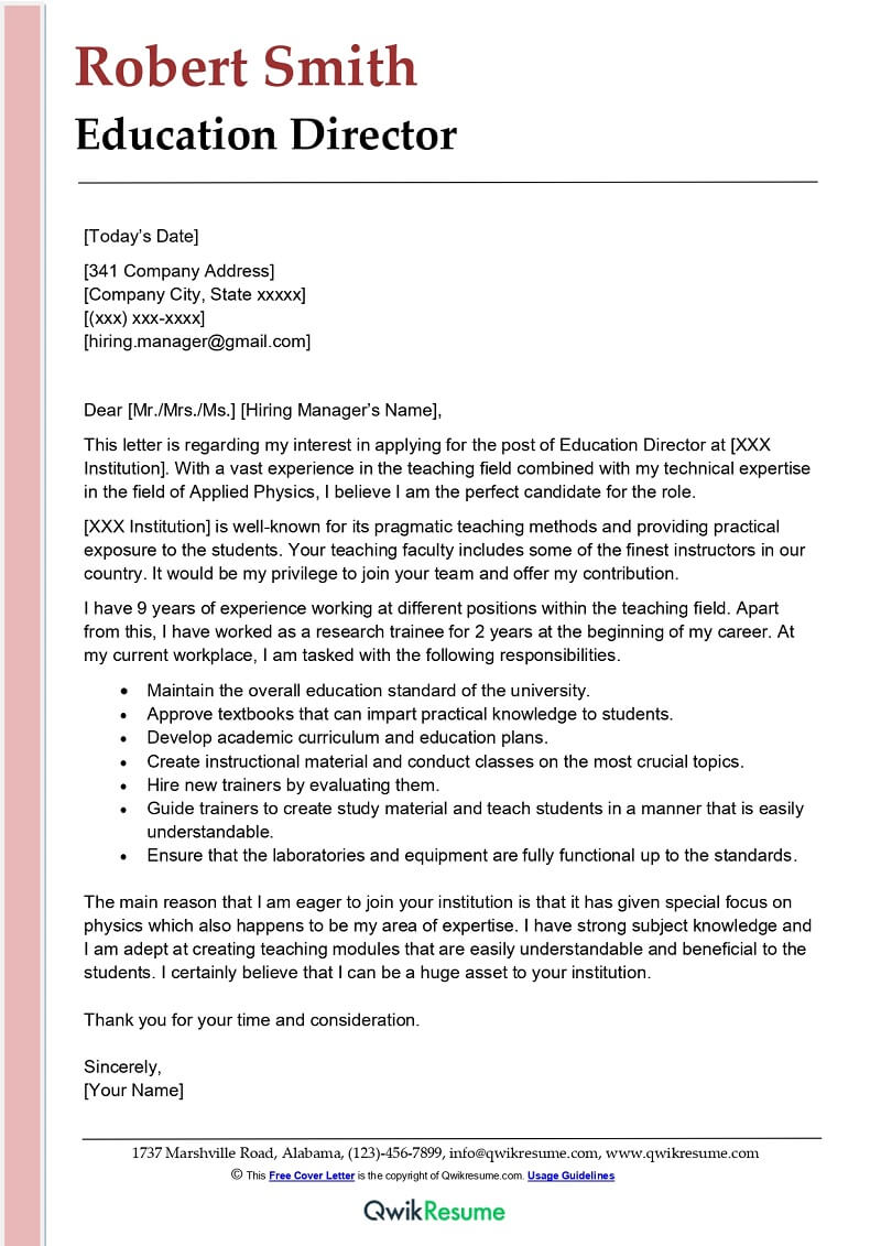 Education Director Cover Letter Example