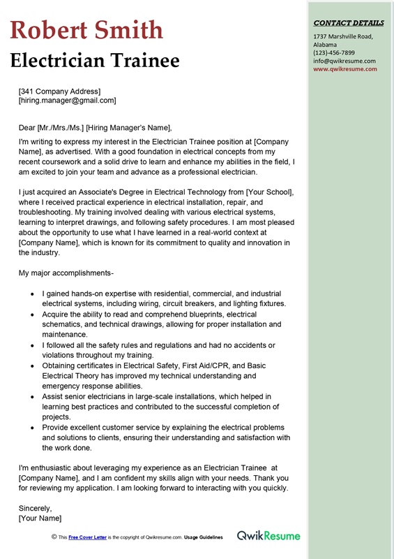 Electrician Trainee Cover Letter Example