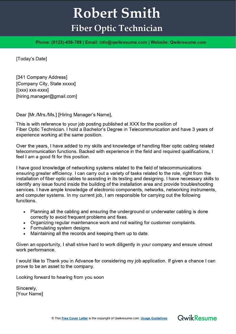 Fiber Optic Technician Cover Letter Example