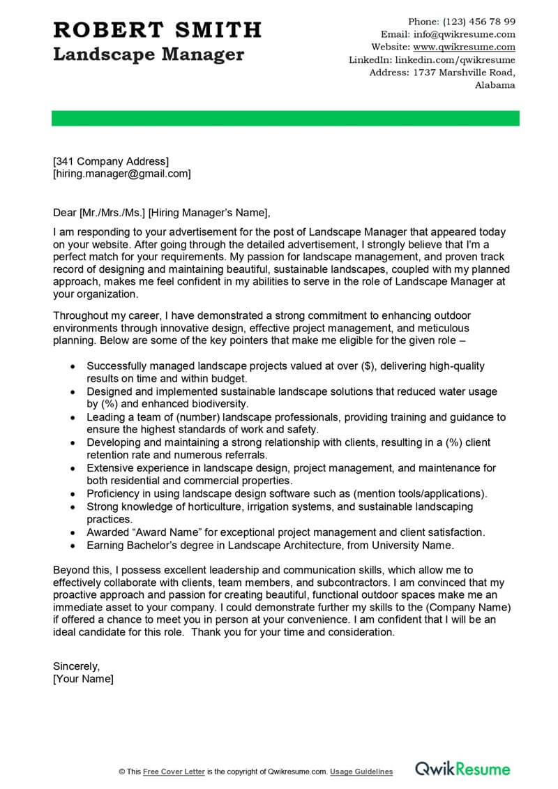 Landscape Manager Cover Letter Example