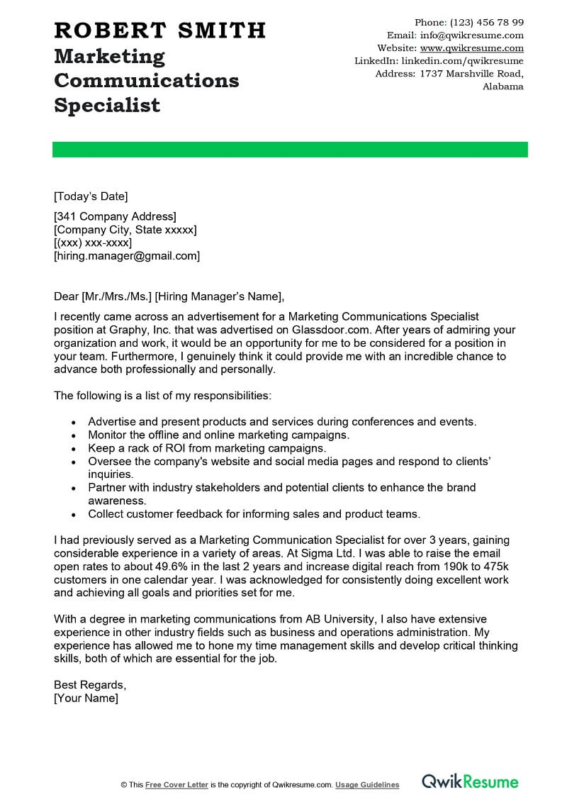 Marketing Communications Specialist Cover Letter Example