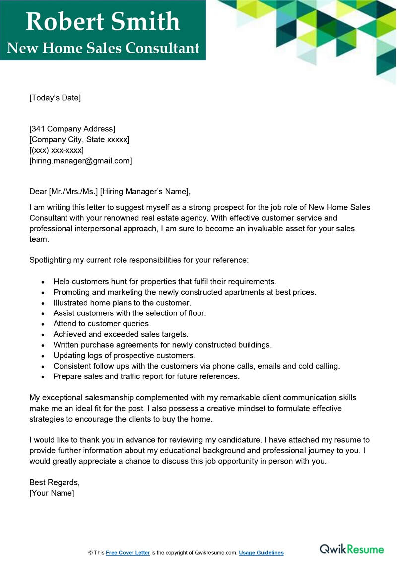 New Home Sales Consultant Cover Letter Example