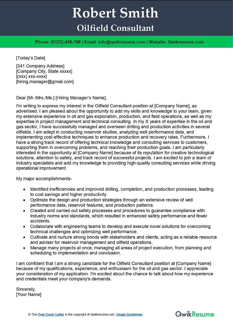 Oilfield Consultant Cover Letter Example