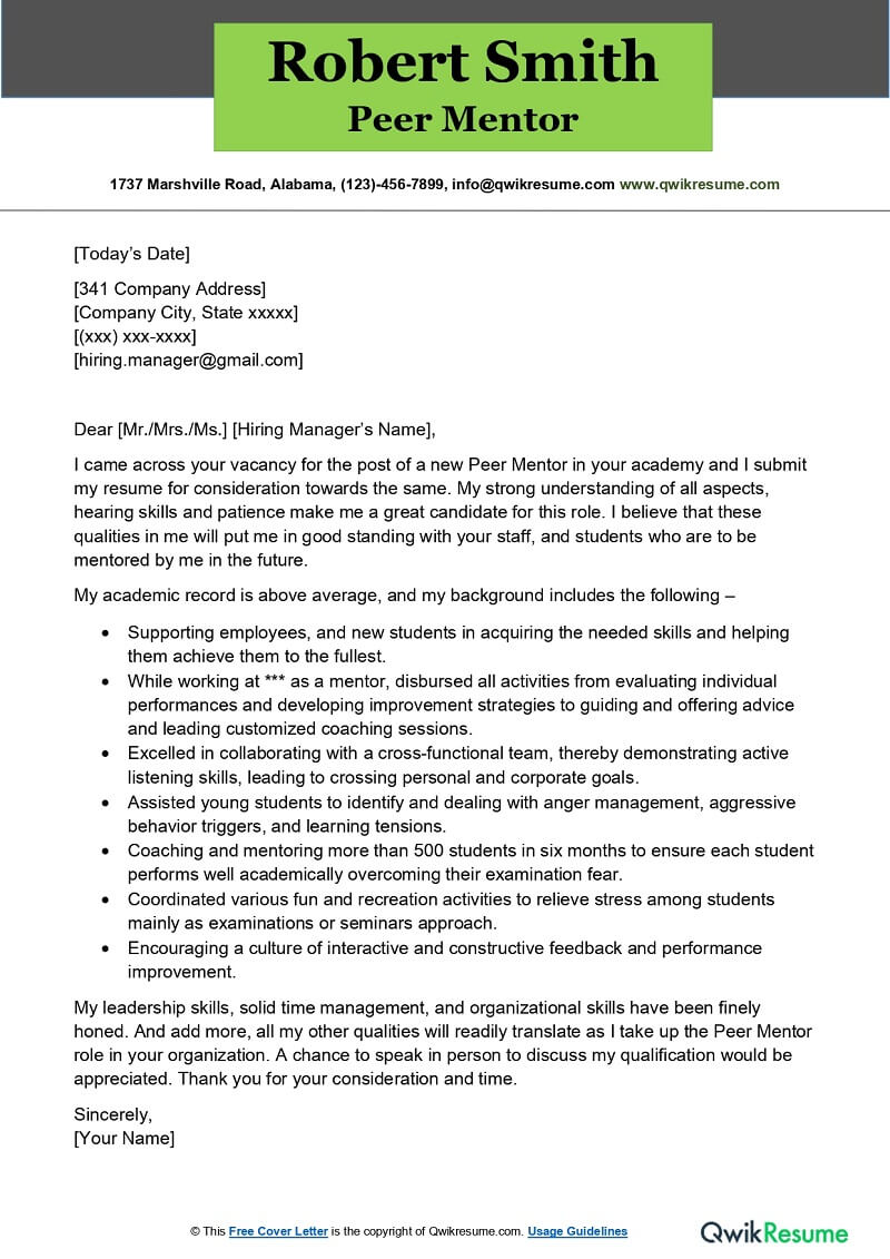 Peer Mentor Cover Letter Example