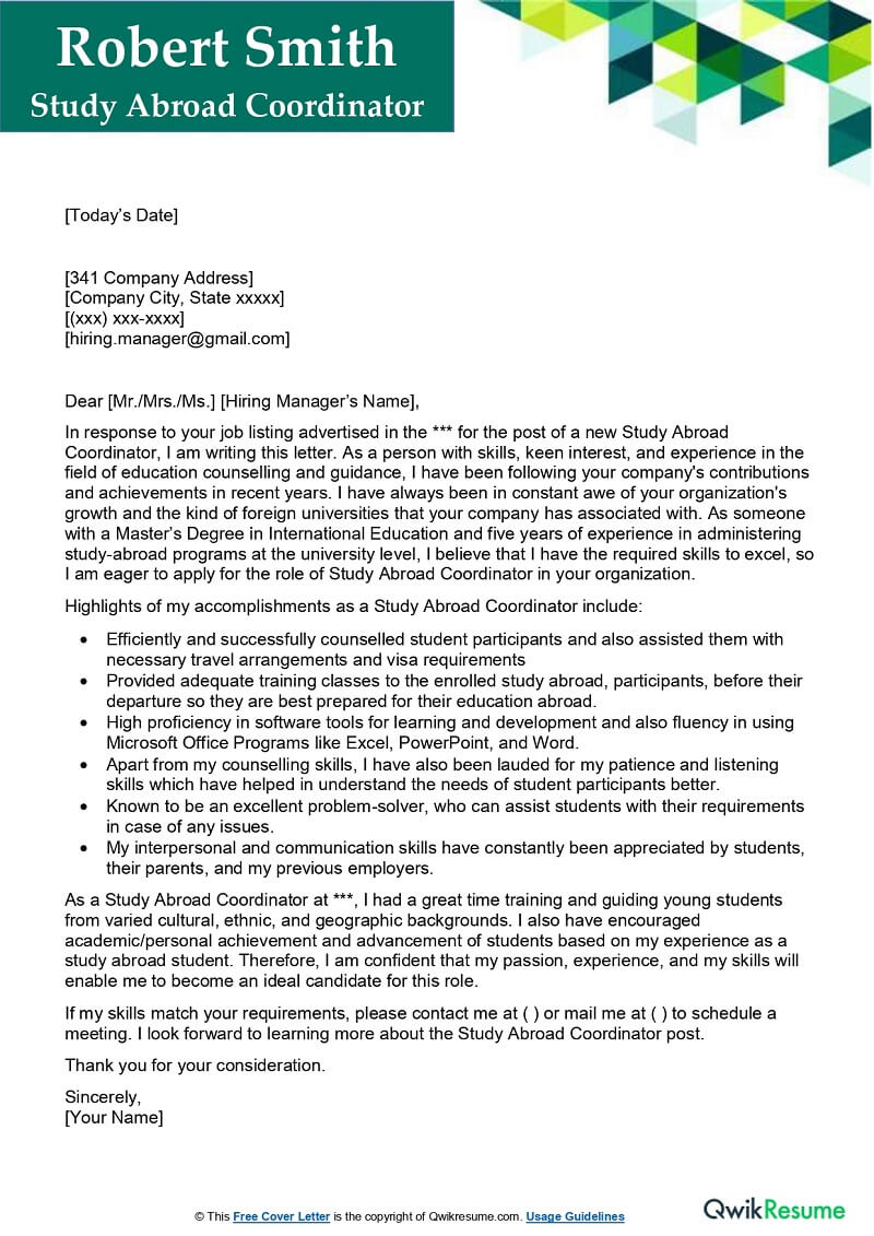 Study Abroad Coordinator Cover Letter Example