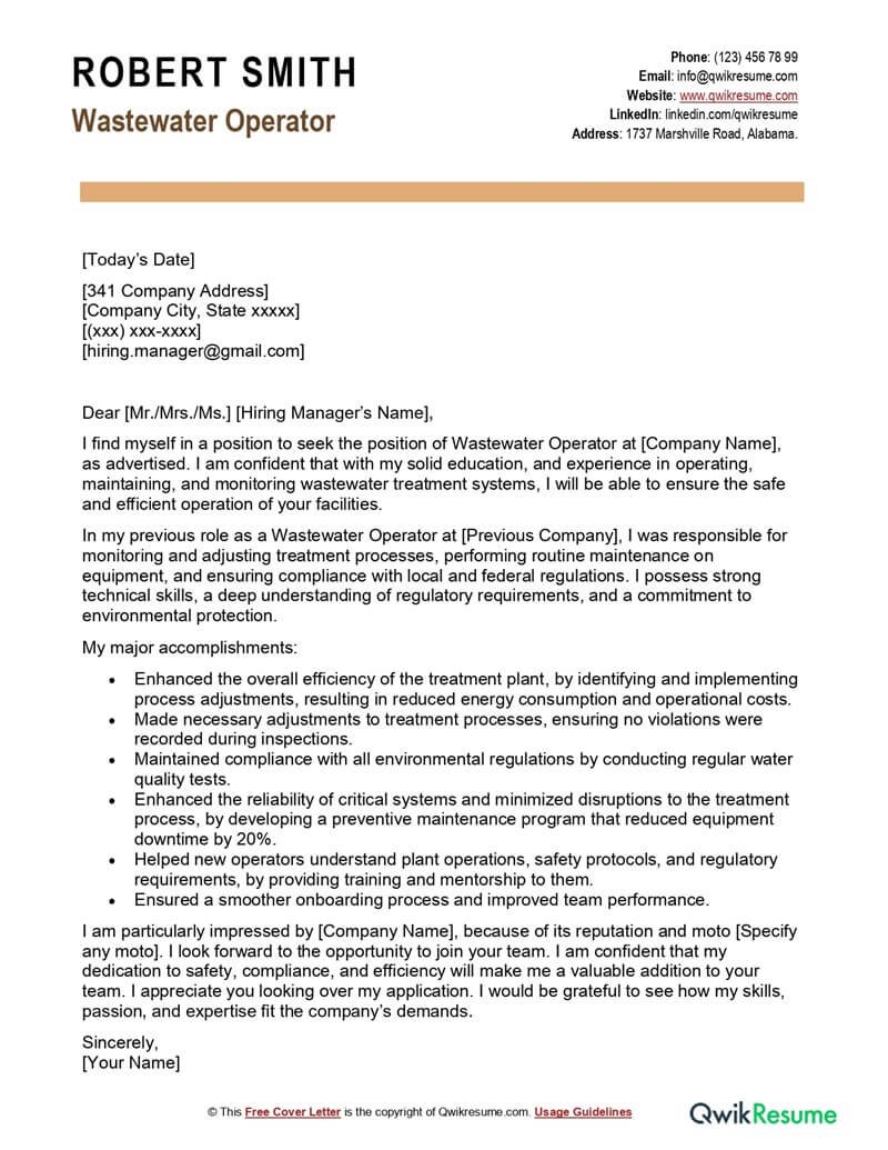 Wastewater Operator Cover Letter Example