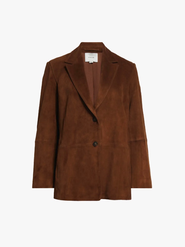 Image may contain Clothing Coat Jacket Blazer and Suede