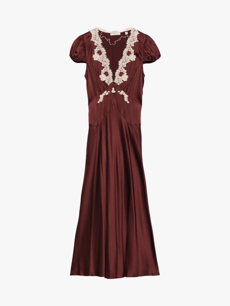 Image may contain Clothing Dress Formal Wear Evening Dress Fashion Gown Maroon and Person