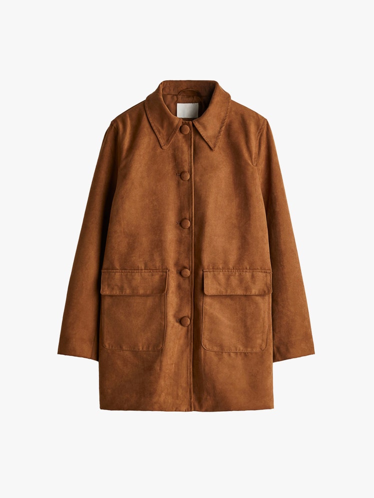 Image may contain Clothing Coat Jacket Long Sleeve Sleeve and Suede