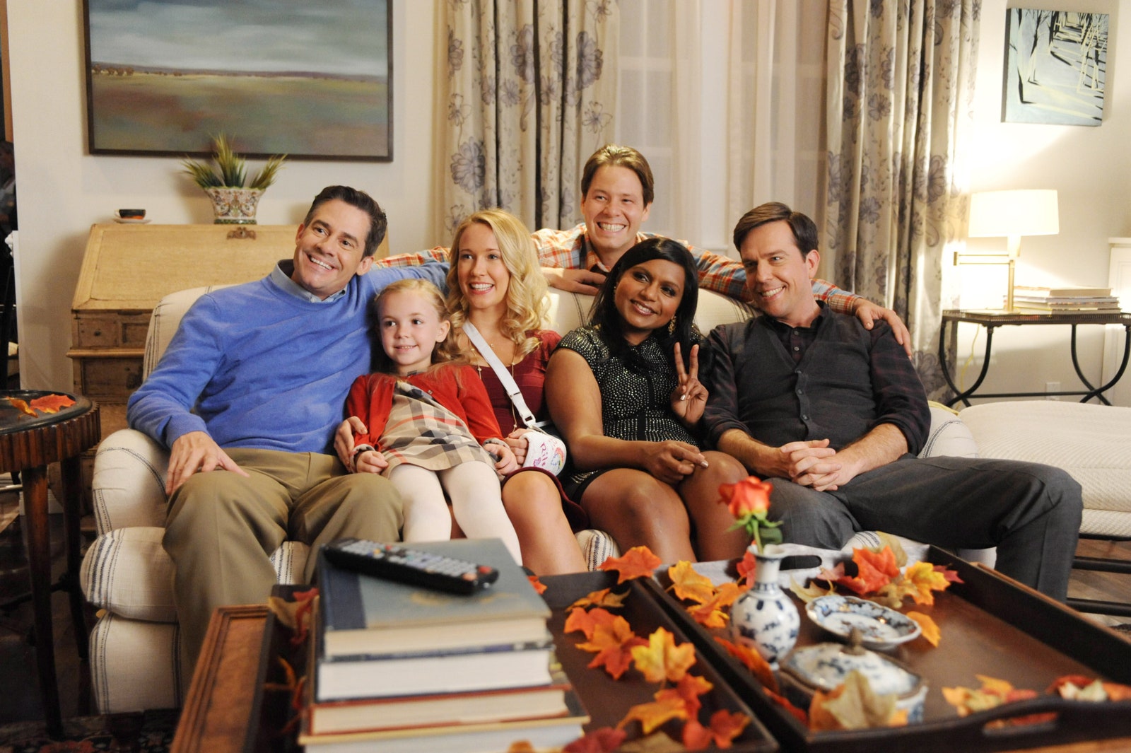 Image may contain Miguel de León Ike Barinholtz Mindy Kaling Anna Camp Georgia Henshaw People Person and Couch