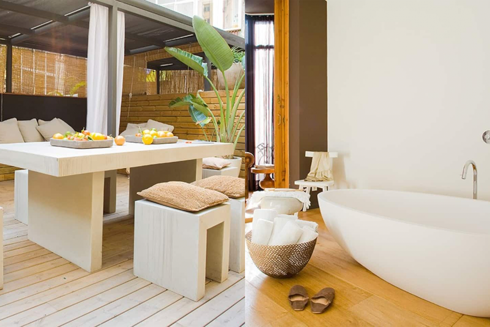 Image may contain Indoors Interior Design Wood Floor Bathing Home Decor Bathtub Person and Tub