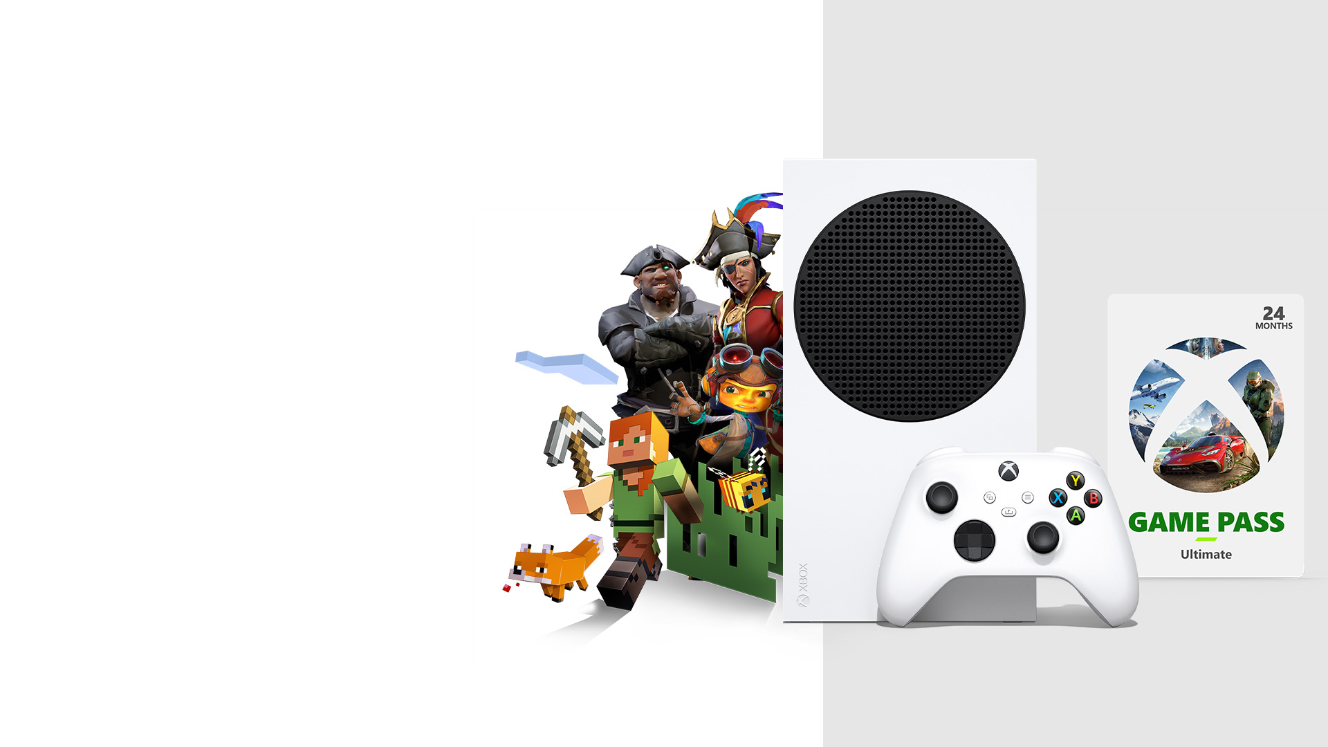 Xbox Series S with Xbox game characters surrounding the console and a 24 months Game Pass Ultimate box