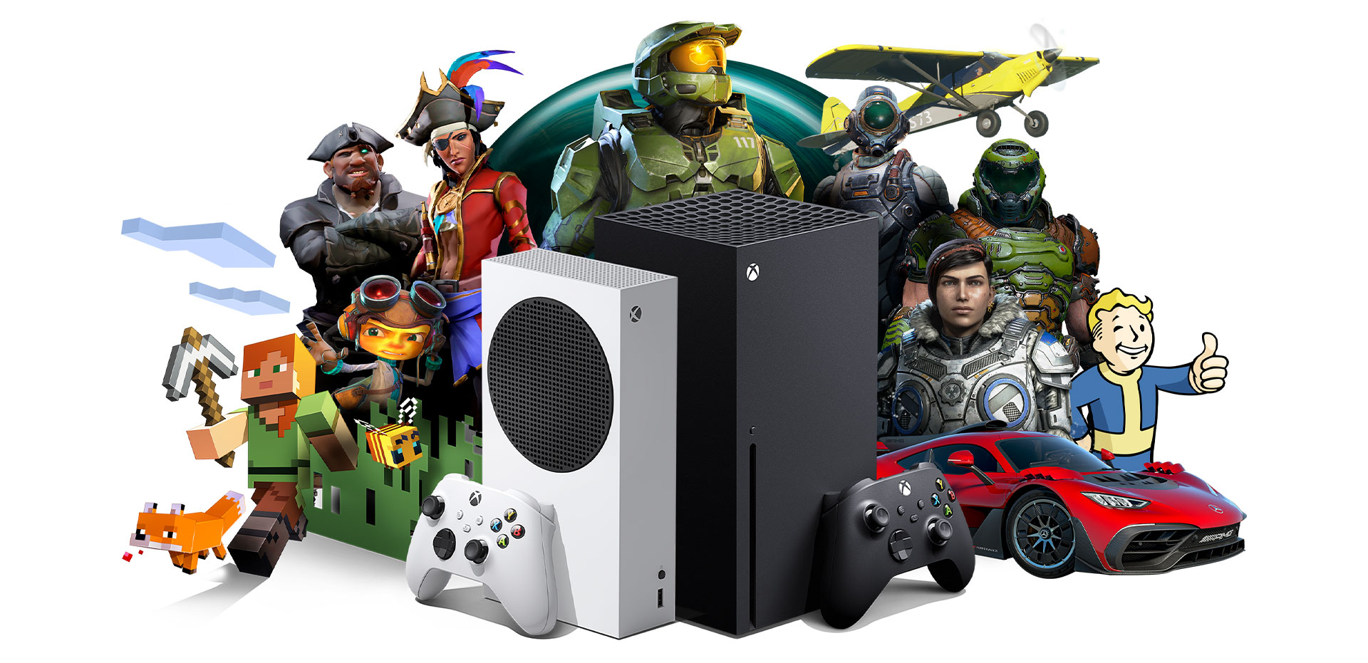 Xbox Series X and Xbox Series S with a collage of Xbox game characters