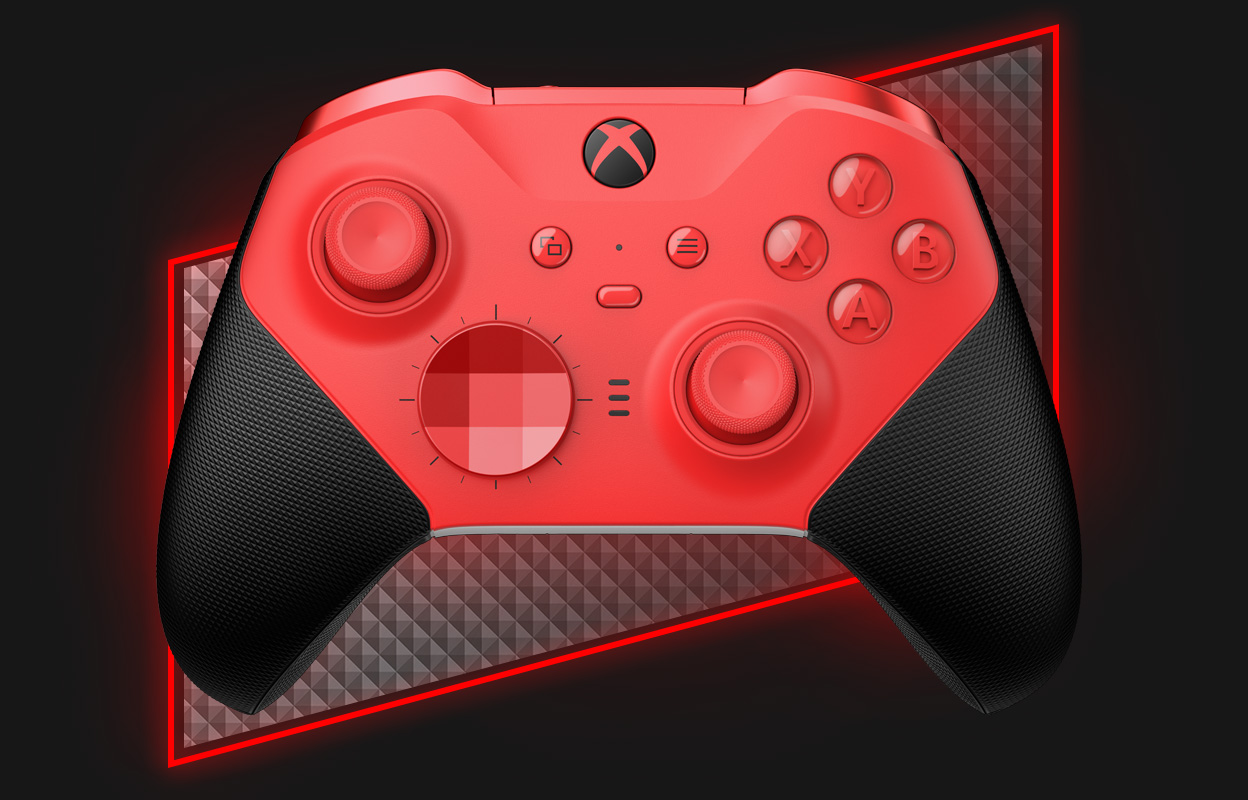 Close up of the Xbox Elite Wireless Controller Series 2 – Core (Red), showing a detailed view of the wrap-around rubberized grip and thumbsticks.