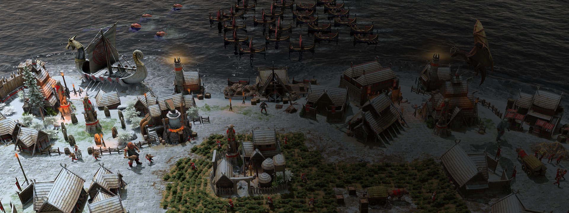 A Norse town by the water covered with snow.