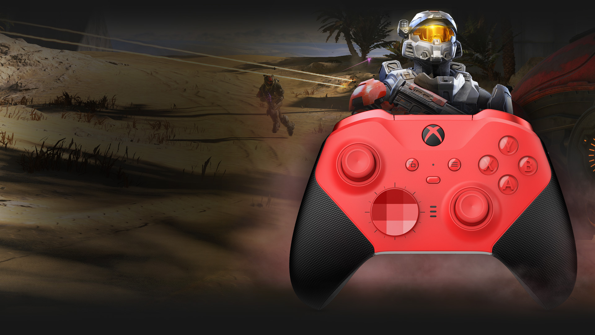 A multiplayer Spartan stands behind the Xbox Elite Wireless Controller Series 2 – Core (Red). Two teams of Spartans battle it out in a desert environment in the background.