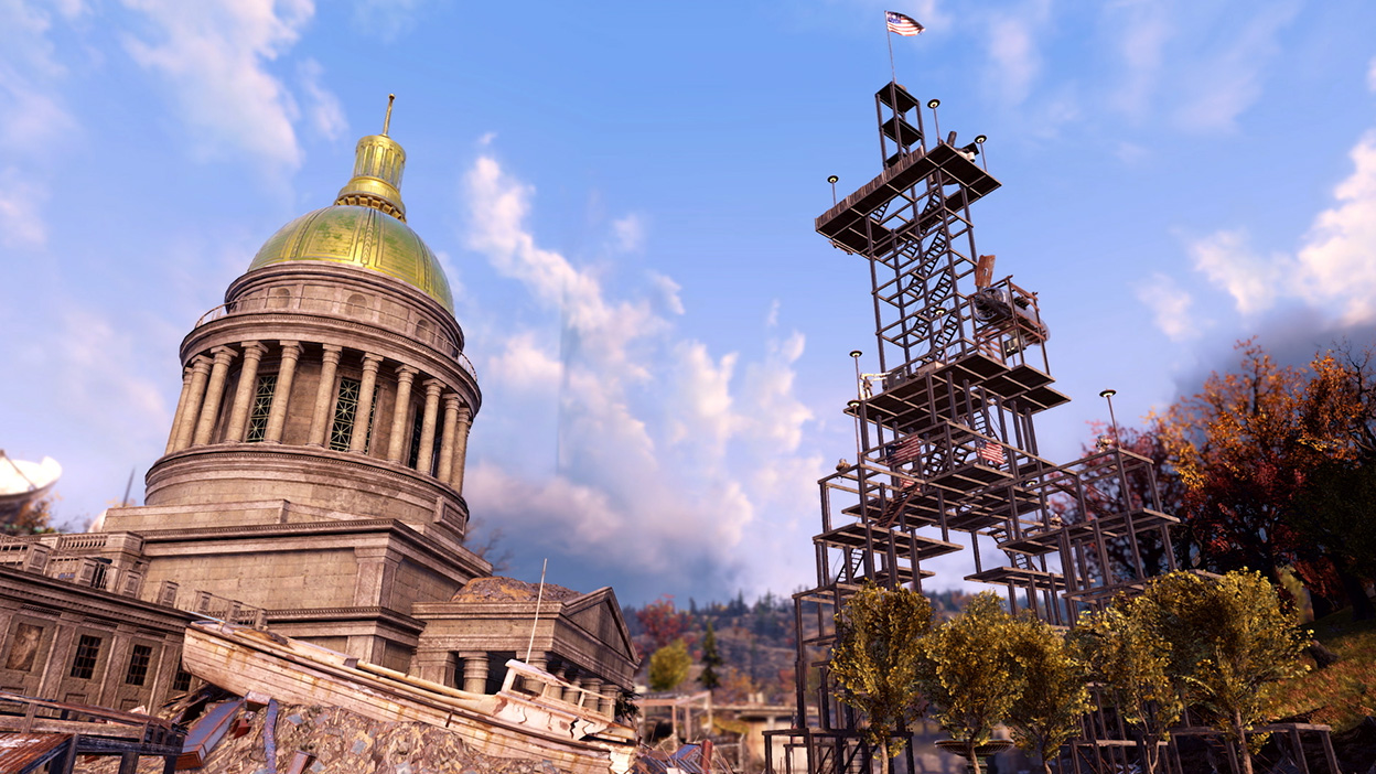 A large scaffolding structure is built next to an American government building.